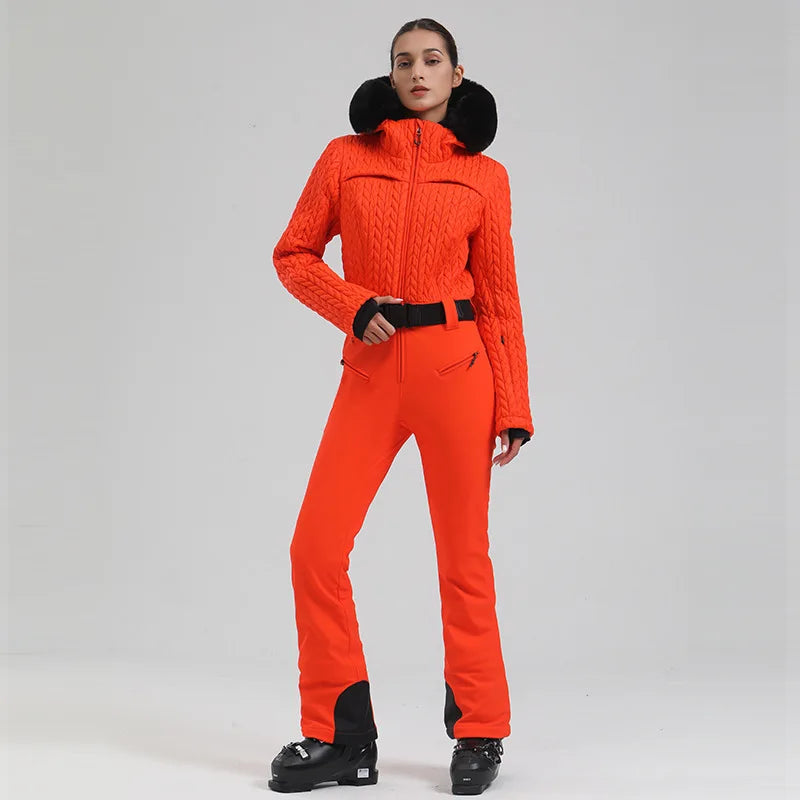Hooded Long Sleeve Belted One Piece Ski Snow Jumpsuit