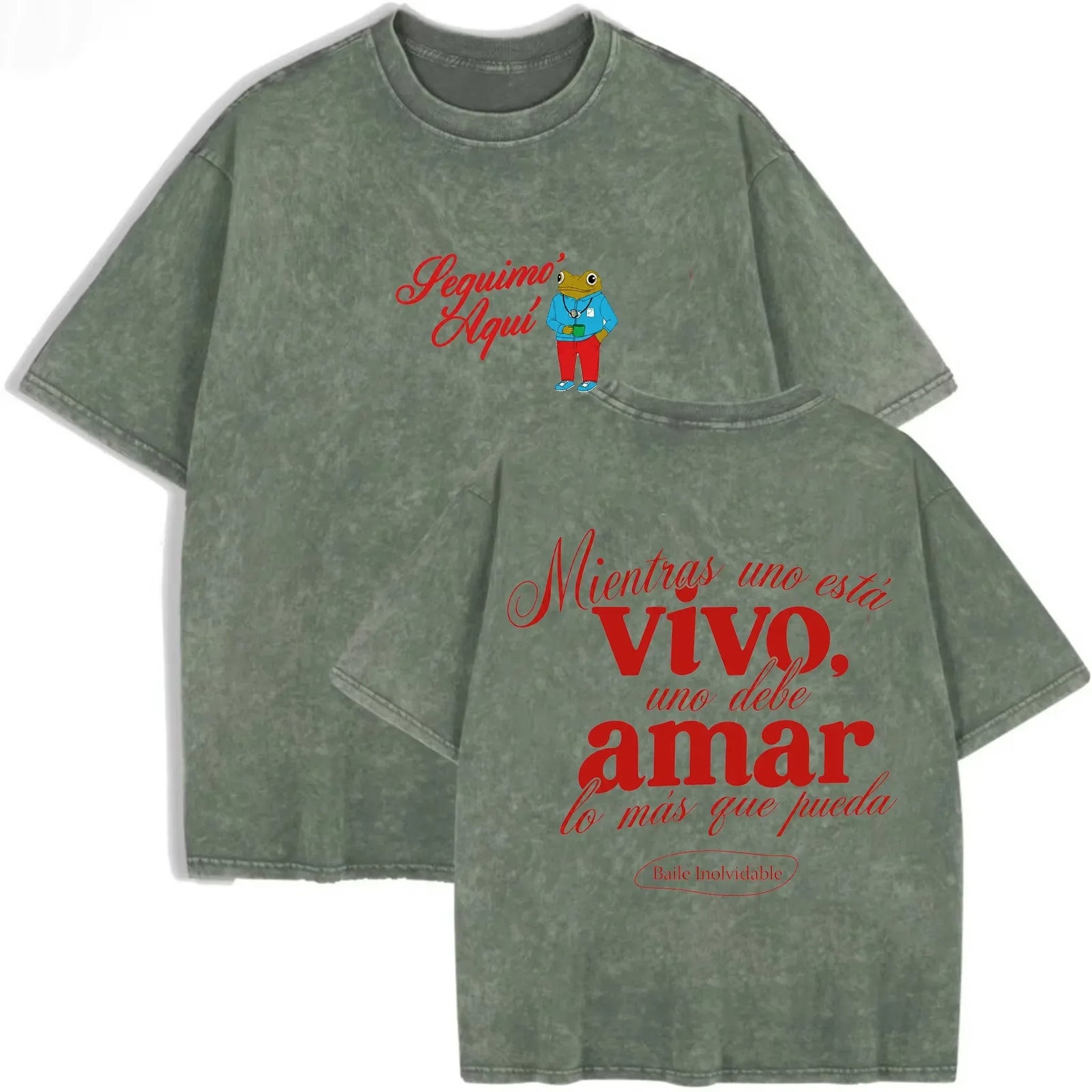 Vintage Washed Black Seguimo Aqui Frog Spanish Slogan Front Back Print Casual T Shirt