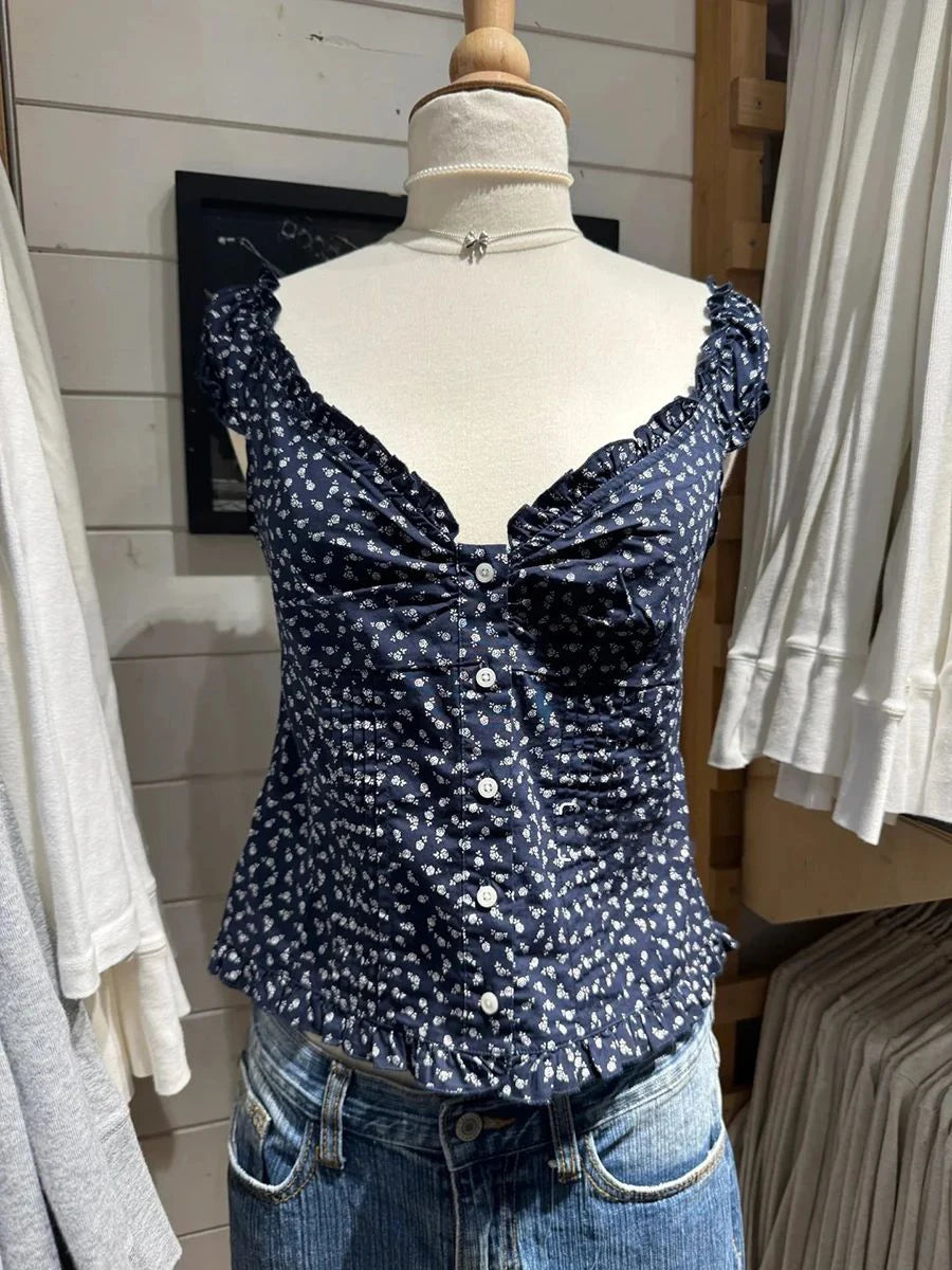 Women's Ruffled Cotton Sleeveless Blouse with Button Front and Mixed Pattern Options