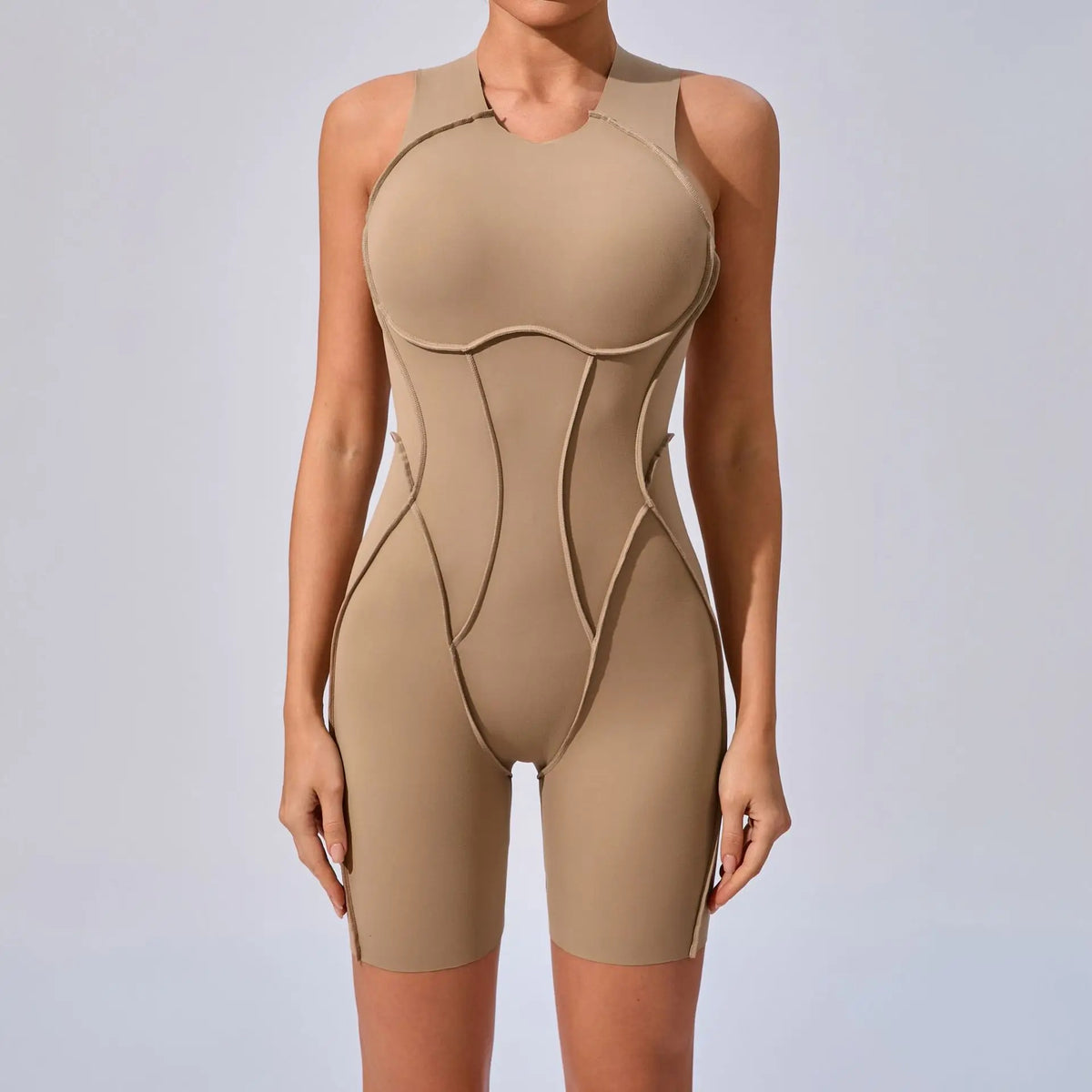 Women's High Neck Open Back Workout Romper with Contrast Seams