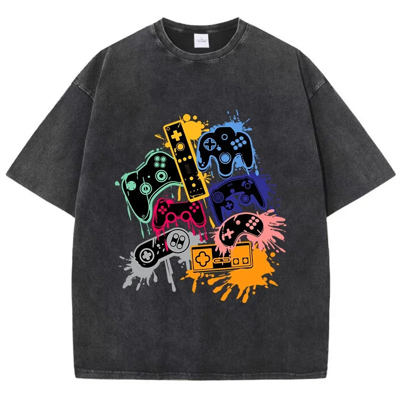 Game Console Graffiti Printing Washed T-Shirt Cotton T Shirts O-Neck Comfortable Distressed Tops Summer Mans Clothes