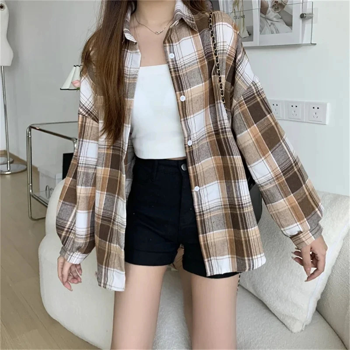 Women's Checked Collared Long Sleeve Shirt