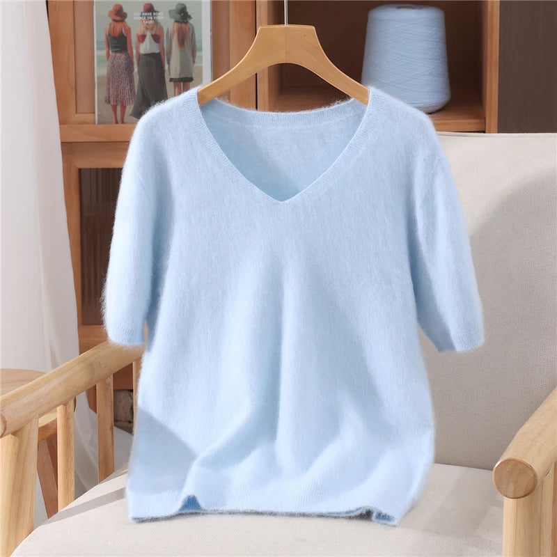 Women's V Neck Short Sleeve Sweater Casual Knit Layer