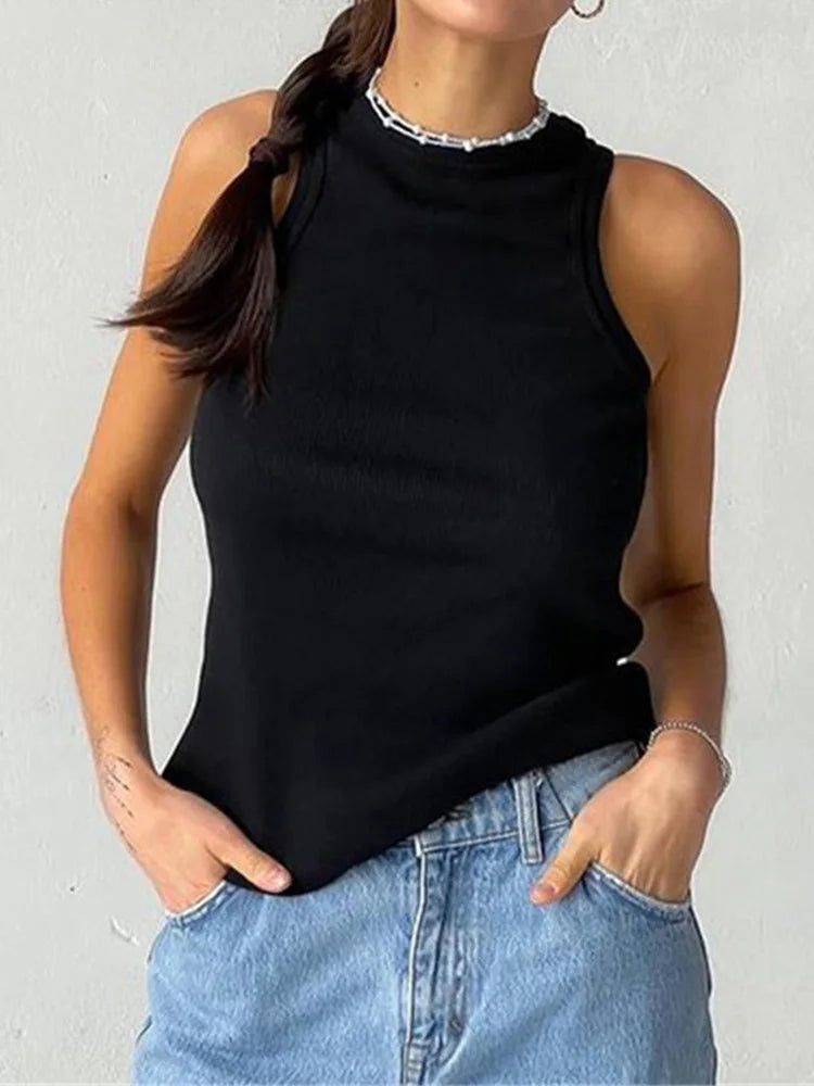 Women's Ribbed Tank Top with a Halter Neck and Sleeveless Design