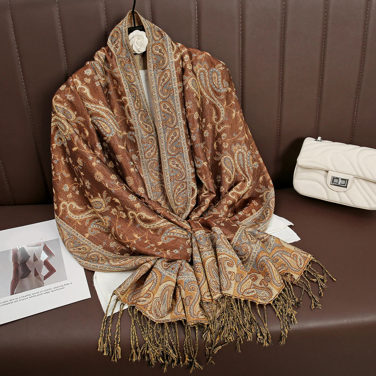 Paisley Floral Print Long Scarf with Fringed Ends