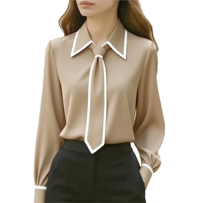 Women's Contrast Trim Tie Neck Long Sleeve Blouse