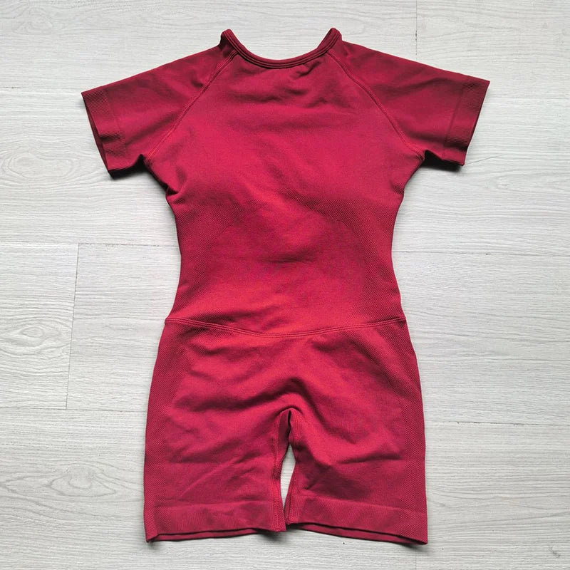 Women's Short Sleeve Nylon Workout Romper with Open Back and Fitted Shorts