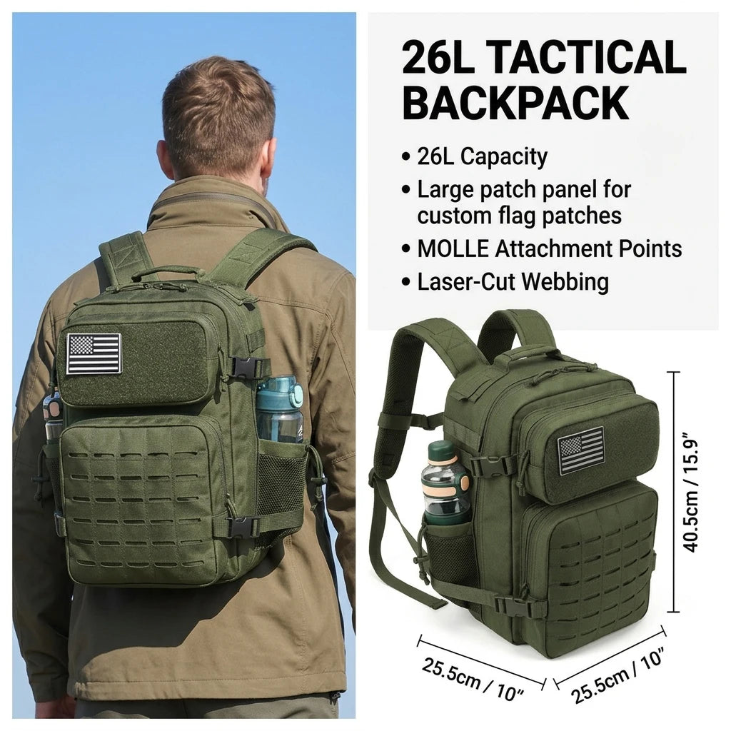 Tactical Travel Backpack with Front Webbing Panels and Side Bottle Pockets