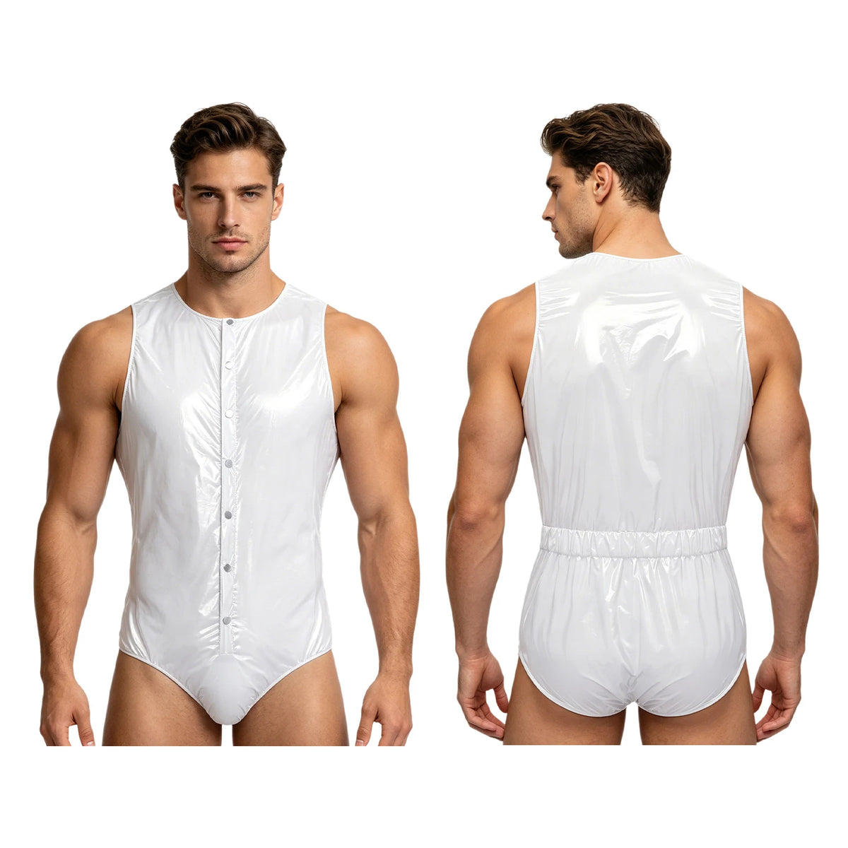 Men's One-Piece Swimsuit with Back Zipper and Crotch Button Details