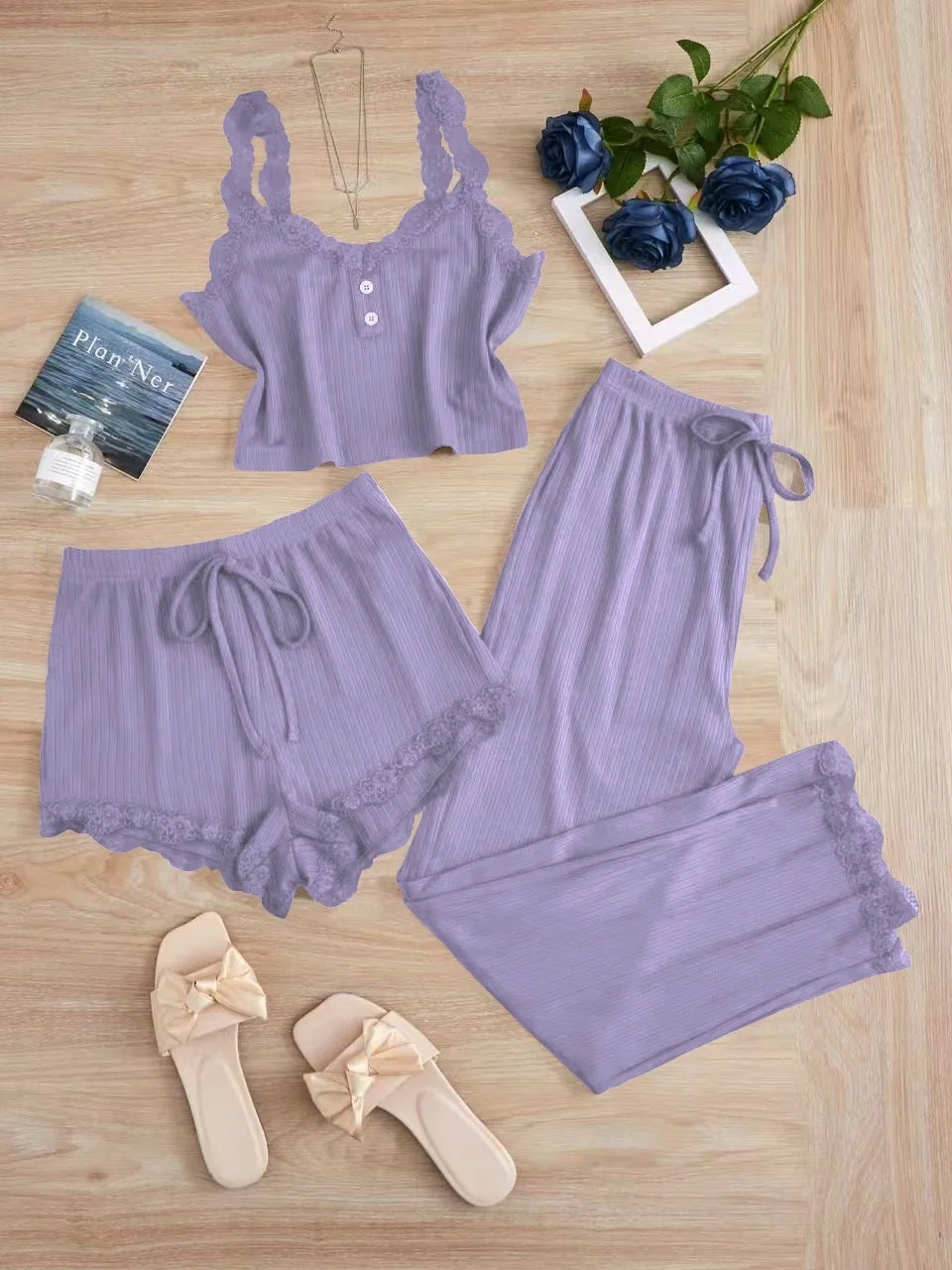 Women's Lace Trim Cami Three Piece Pajama Set with Shorts and Pants