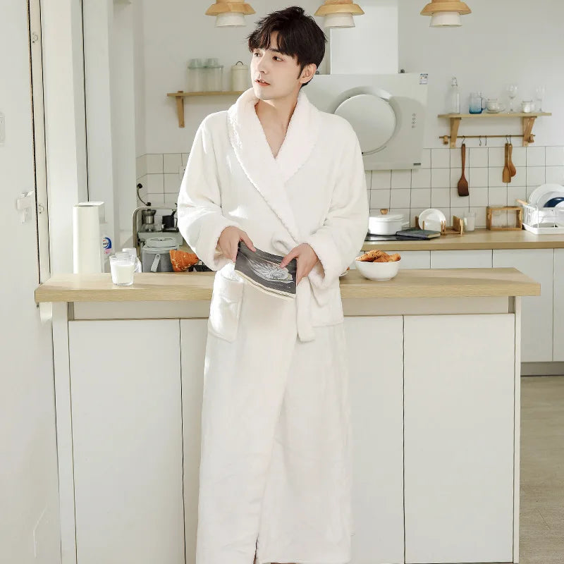 Fleece Lapel Collar Long Sleeve Tie Waist Homewear Bathrobe
