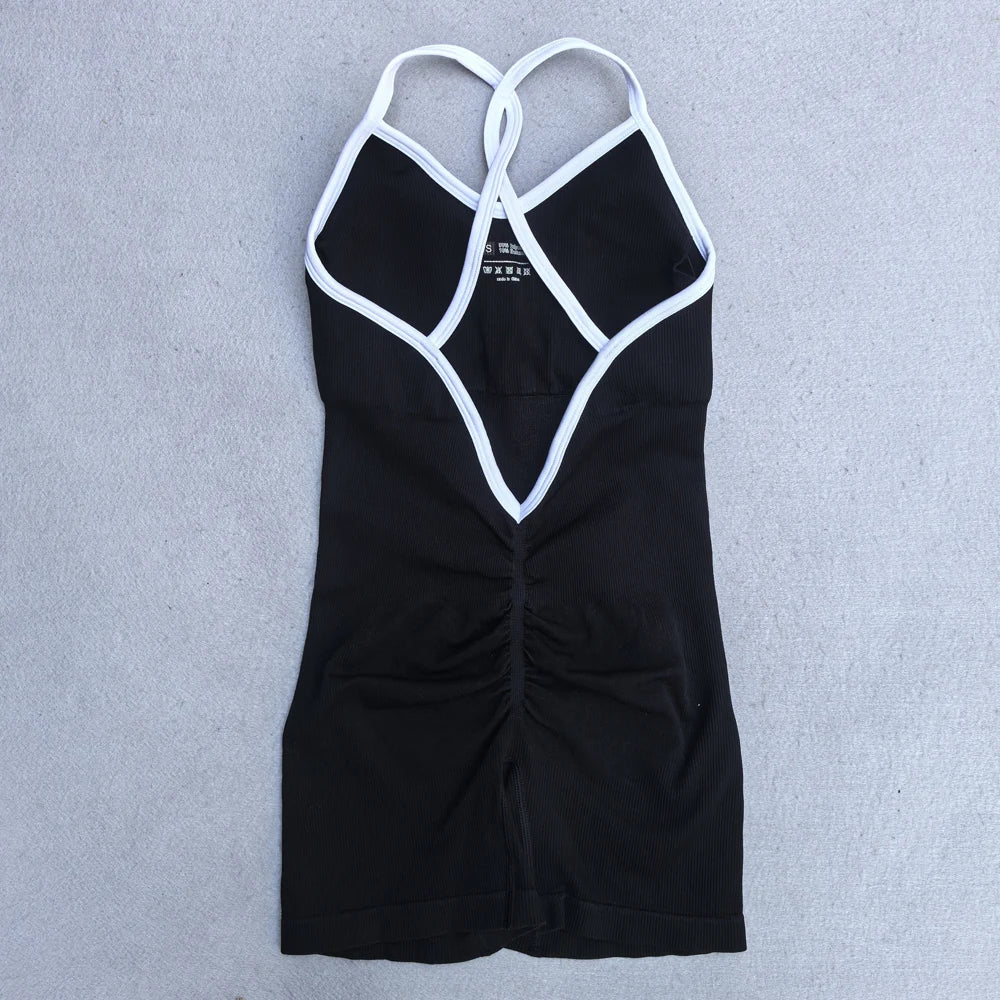 Women's Contrast Trim Nylon Blend Workout Romper with Thin Crossed Straps