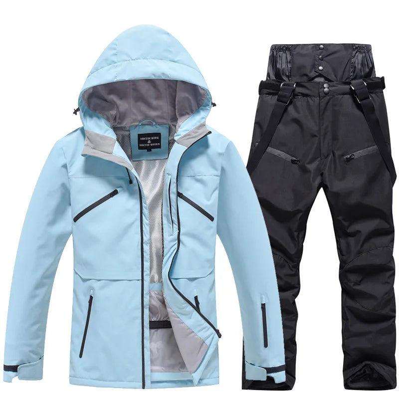 Hooded Ski Jacket and Pants Clothing Set with Style Options