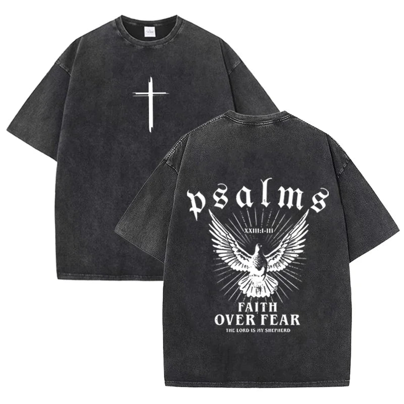 Retro Faith Over Fear T Shirt Psalms Dove Print Casual Washed Religious Streetwear