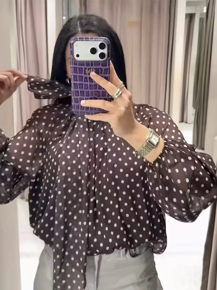 Women's Polyester Polka-Dot Long-Sleeve Regular-Fit Blouse for Everyday Casual and Office Outfits
