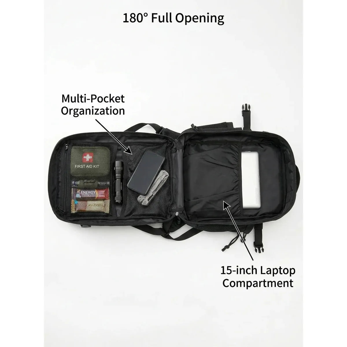 Tactical Travel Backpack with Front Webbing Panels and Side Bottle Pockets