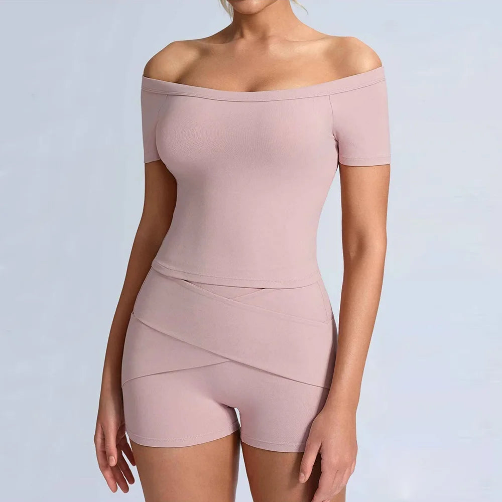 Women's Off-Shoulder Top and Shorts Workout Set