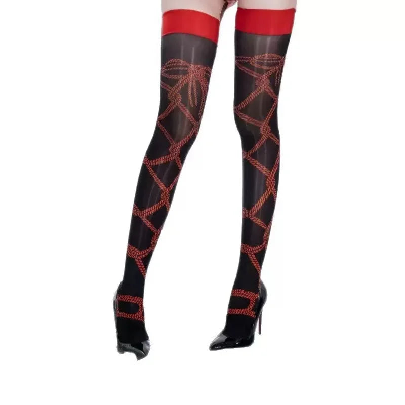 Printed Thigh High Stockings with Decorative Leg Strap Options