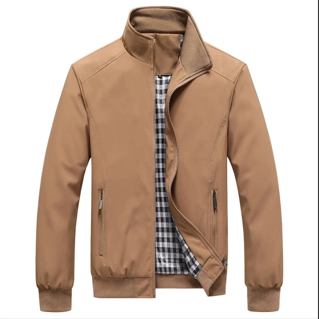 Men's Zip-Front Stand-Collar Jacket with Checked Lining