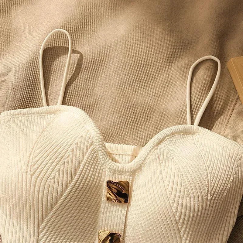 Women's Ribbed Cotton Camisole with Sweetheart Neck and Gold Tone Buttons