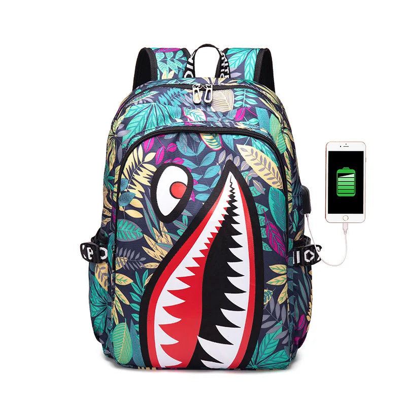 Children's Shark Print School Backpack with Zipper Opening and Front Pocket