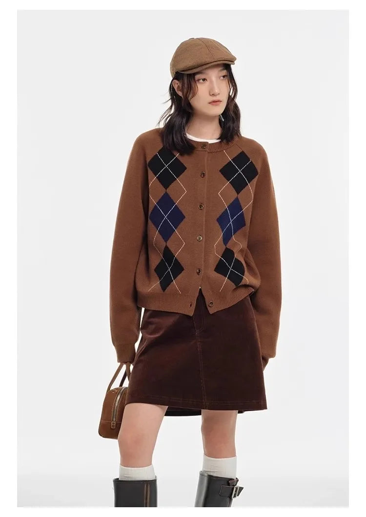 Autumn diamond-shaped cardigan women 100 pure cashmere sweater European high-end color-blocking knitted sweater coat