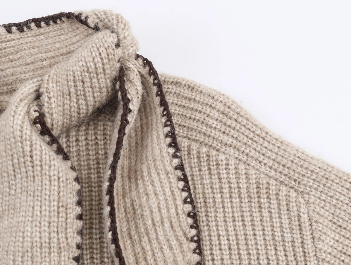 Women's Tie Neck Long Sleeve Knit Sweater Casual Knit Layer