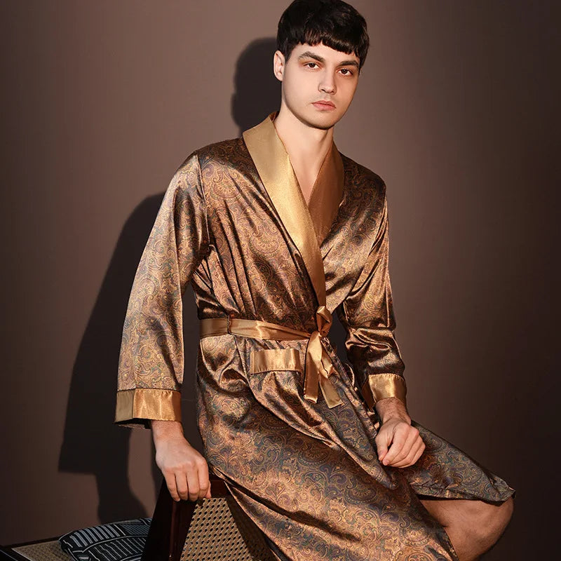 Men's Printed Long Sleeve Tie Waist Lounge Bathrobe