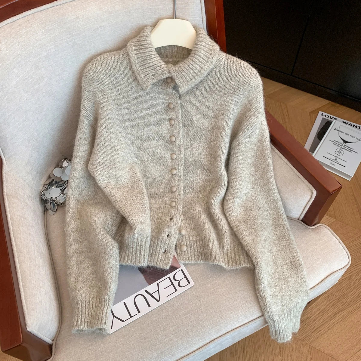 Women's Fluffy High Neck Button Front Cardigan Casual Knit Layer