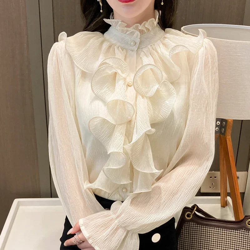 Women's Ruffled Stand Collar Long Sleeve Blouse