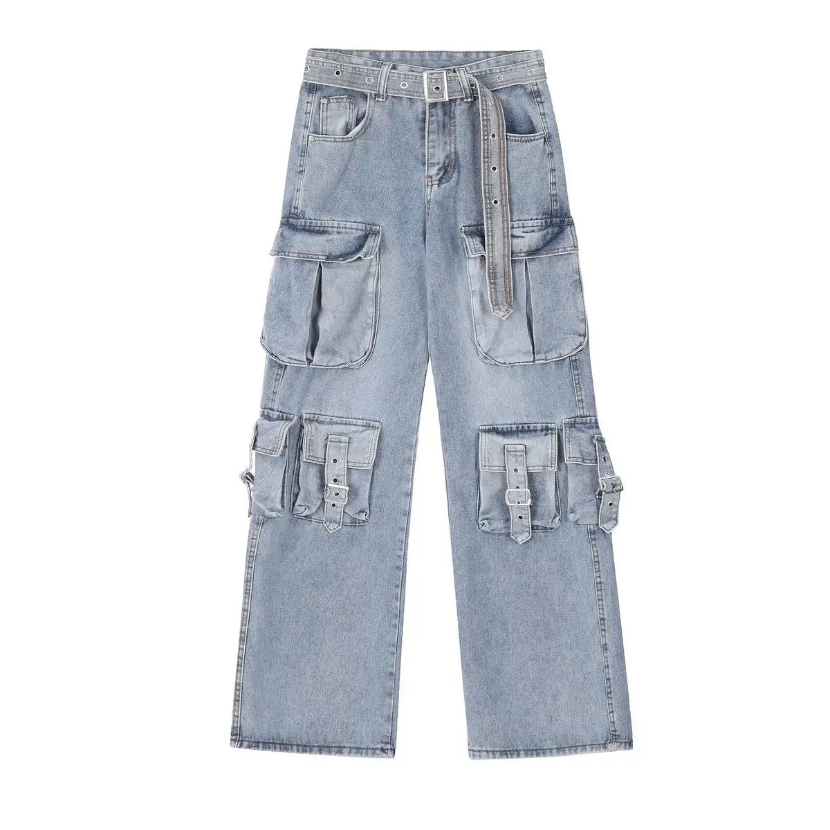 Women's Wide Leg Cargo Pants with Straps and Multiple Pockets