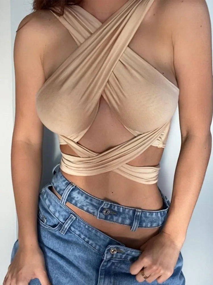Women's Cross Halter Cotton Blend Crop Top with Wrap Ties and Open Back
