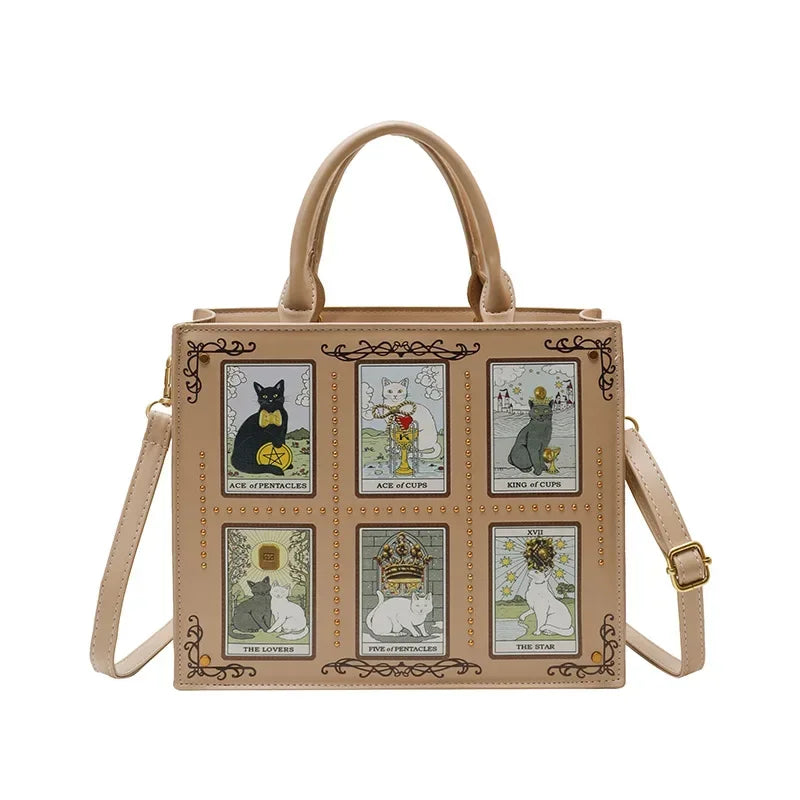 Women's Tarot Cat Print Tote Handbag with Handles and Crossbody Strap