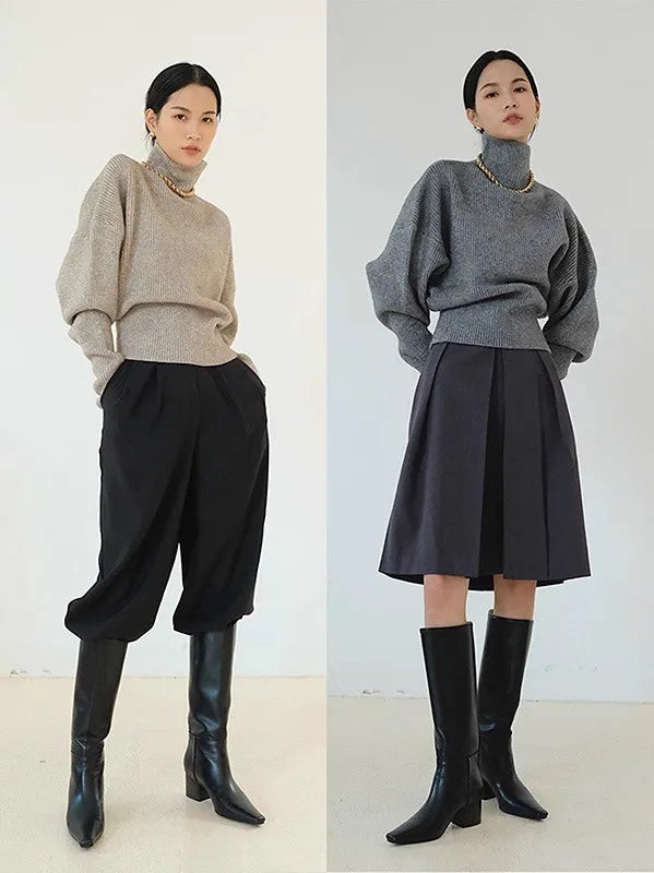 French retro high-neck pullover pure wool sweater women's short knitted base sweater waist-cinching and versatile top