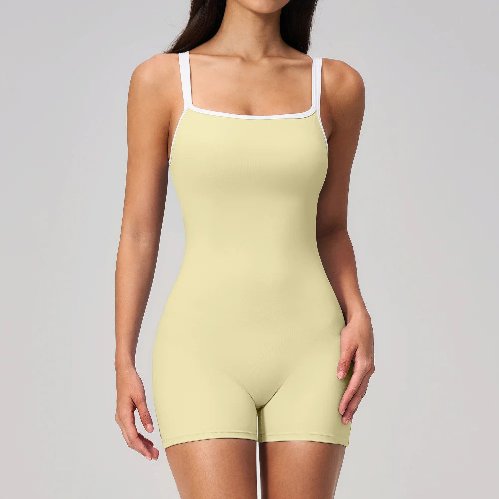 Women's Contrast Trim Square Neck Workout Romper with Low Open Back