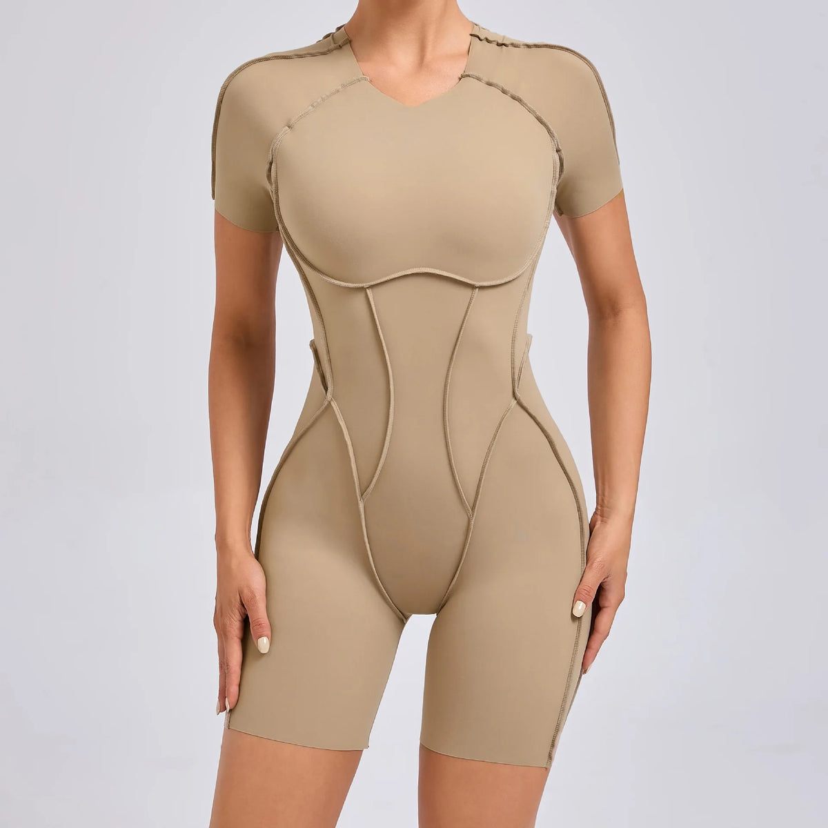 Women's Panelled Short Sleeve Workout Romper with a Rounded Back Cutout