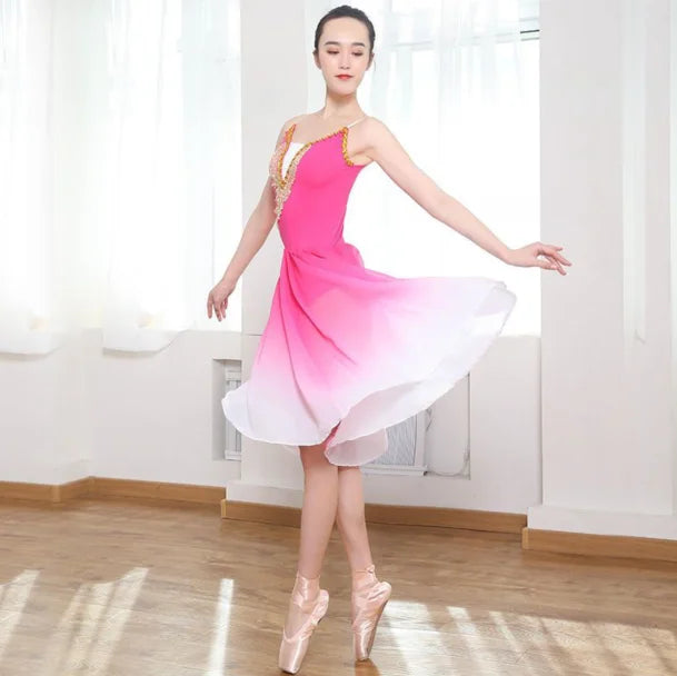 Women's Gradient Ballet Dance Dress with Flowing Skirt and Decorated Bodice