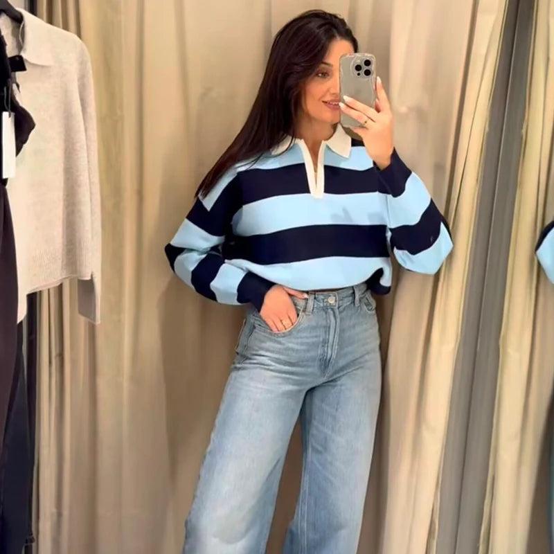 Women's Striped Polo Collar Loose Fit Sweater Casual Knit Layer