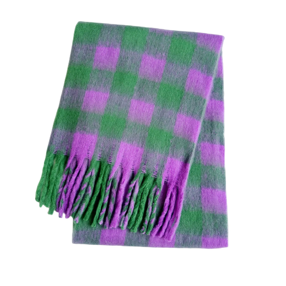 Multicolor Plaid Scarf with Long Shape and Fringed Ends