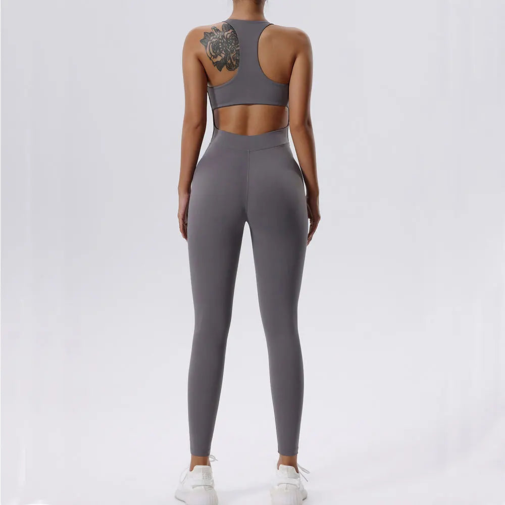 Women's Sleeveless Nylon Blend Workout Jumpsuit with Front Zip and Back Cutout