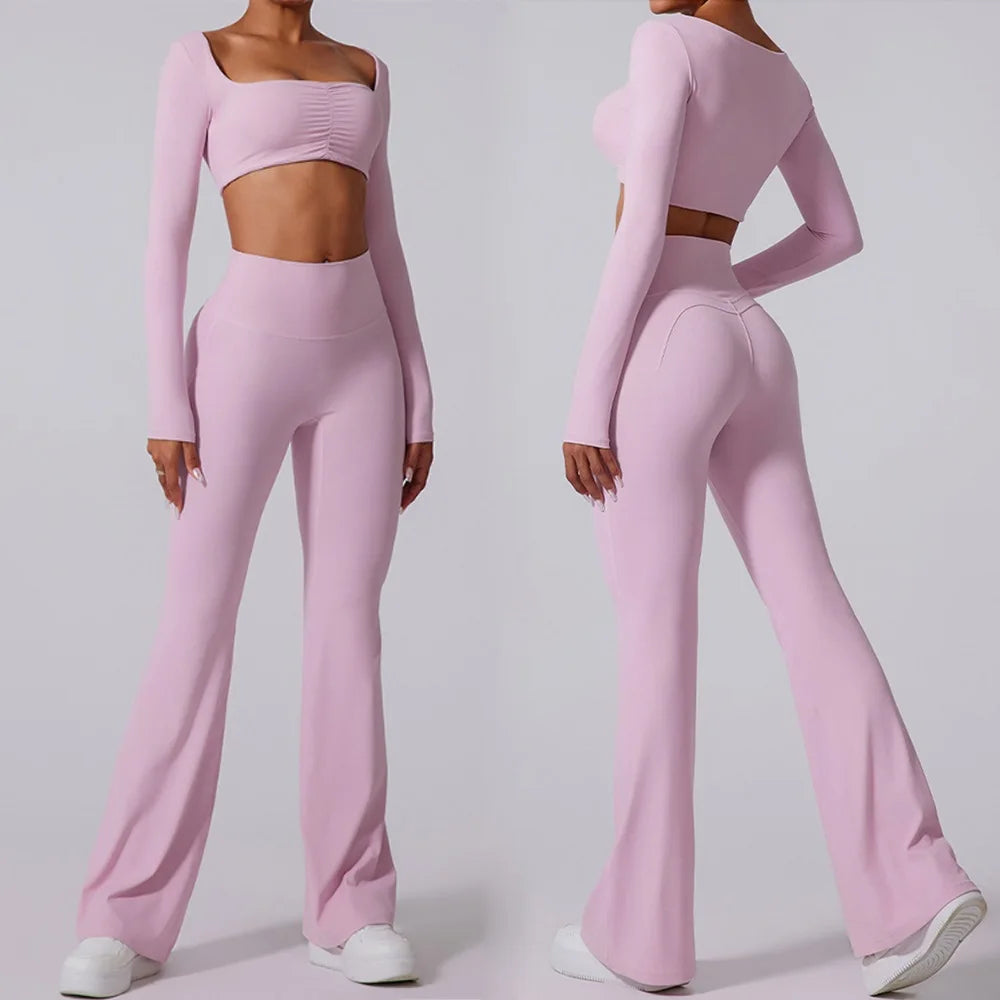 Women's Long-Sleeve Crop Top and Flared Pants Workout Set