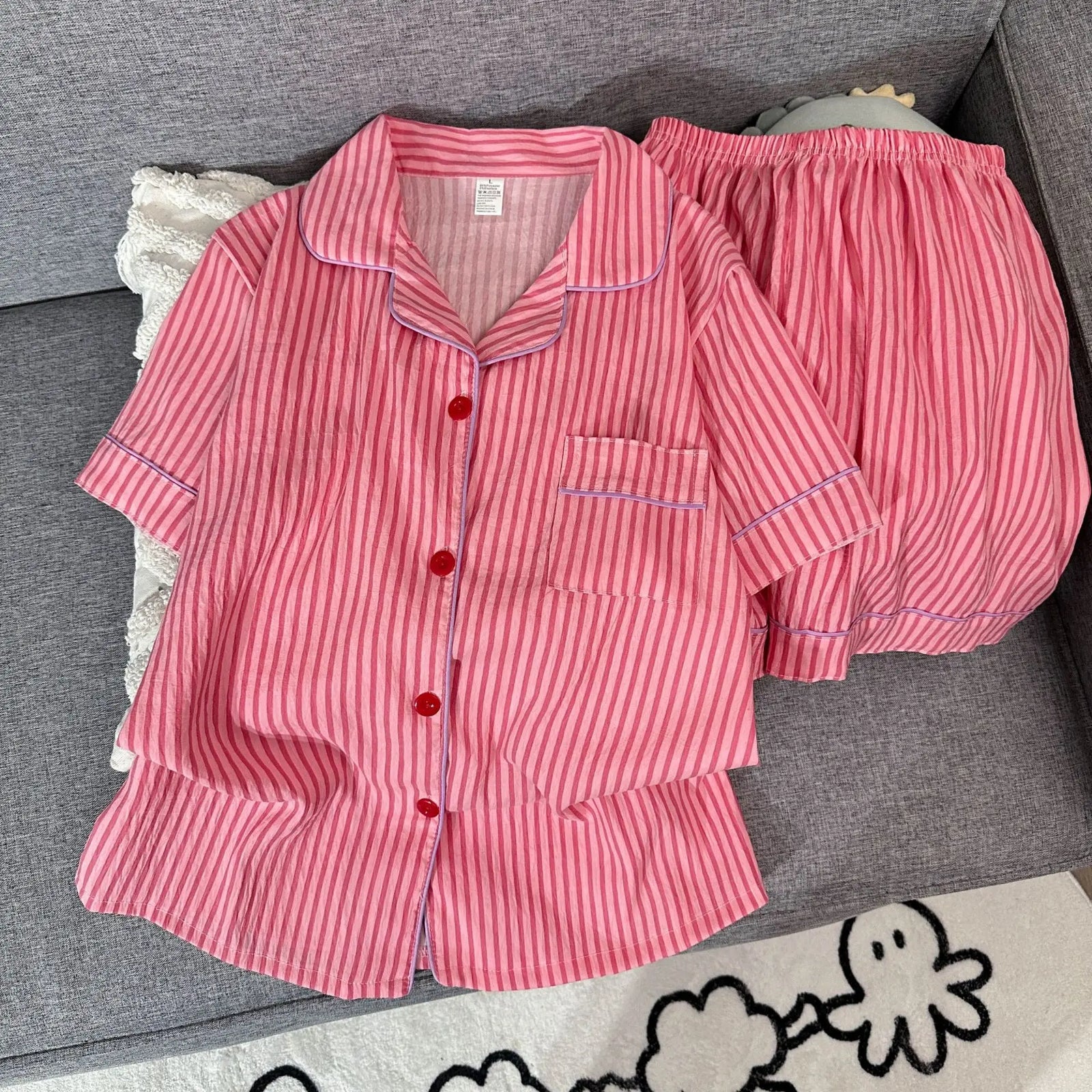Women's Printed Short Sleeve Button Front Pajama Set with Top and Shorts