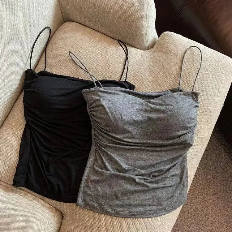 Women's Ruched Crop Top with Thin Shoulder Straps and Cropped Length
