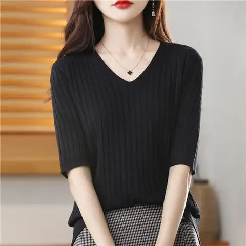Women's V Neck Short Sleeve Sweater Casual Knit Layer
