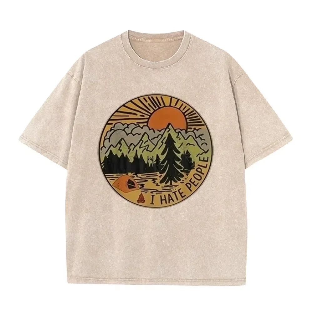 Vintage Camping I Hate People Print Washed Black Casual Outdoor T Shirt