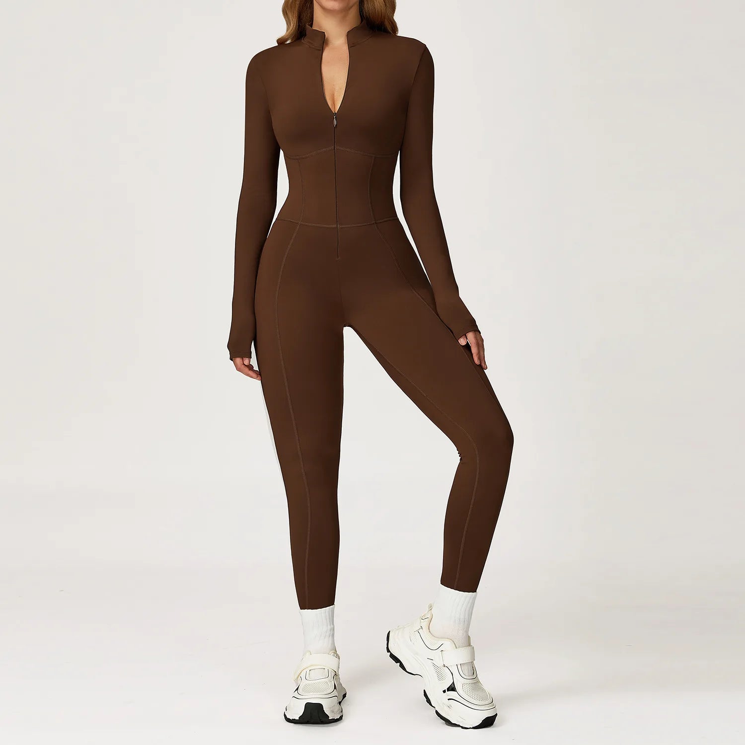 Women's Long Sleeve Nylon Blend Workout Jumpsuit with Collar and Front Zipper