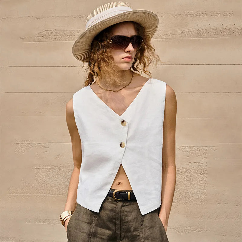 Women's Linen Sleeveless V-Neck Button-Front Cropped Vest Top for Casual Summer Outfits