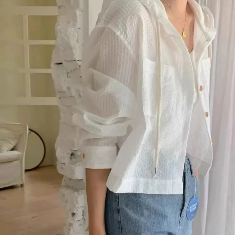 Women's Striped Hooded Cropped Button Front Shirt