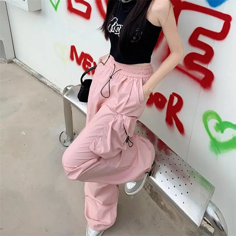 Women's Parachute Cargo Pants with Drawstring Waist and Side Pockets