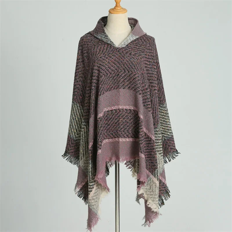 Hooded Stripe Fringe Poncho for Layering over Outfits